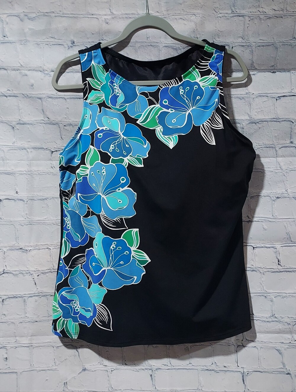 Land's End Womens 18D Tankini Swimwear Top Swimsuit Black Floral No Wire